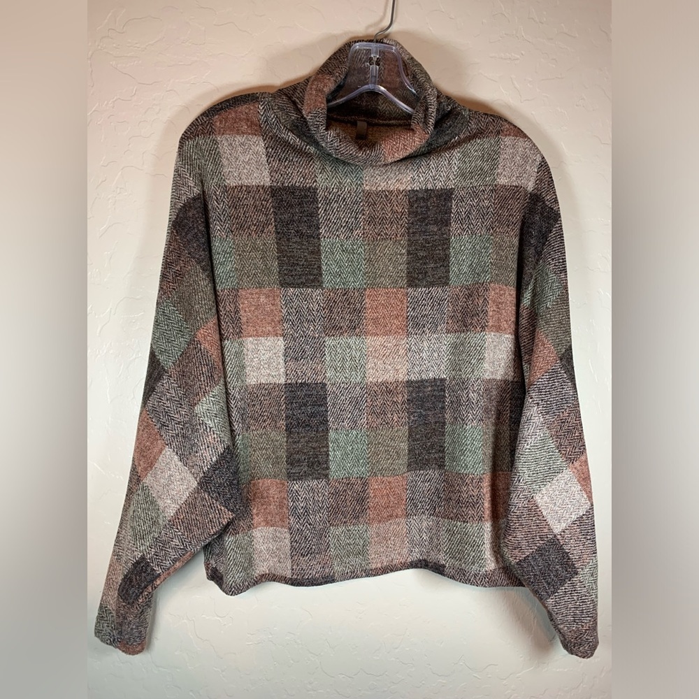 Jolie Patchwork Check Chevron Turtleneck Sweater M Dolman Oversized Soft 0487